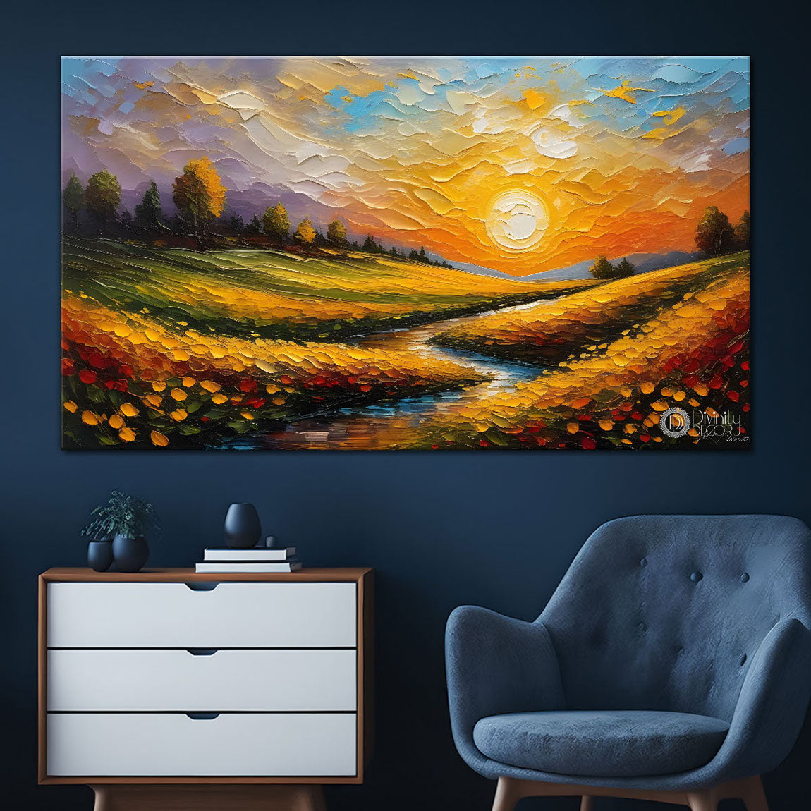 Landscape scenery with sunset textured painting Canvas Painting - Nature Art -587