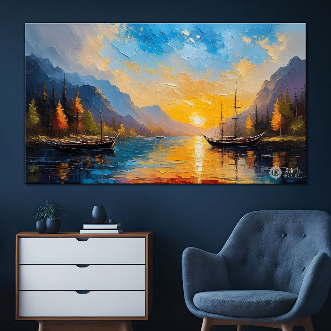 Mountains with river and sunset painting Canvas Painting - Nature Art -588