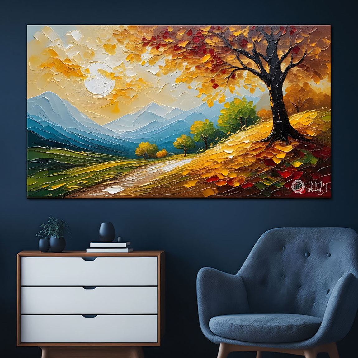 Mountains with tree and sun painting Canvas Painting - Nature Art -589