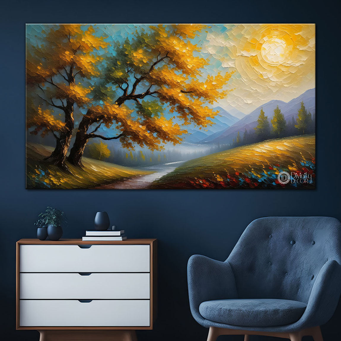 Yellow tree with mountains textured painting Canvas Painting - Nature Art -590