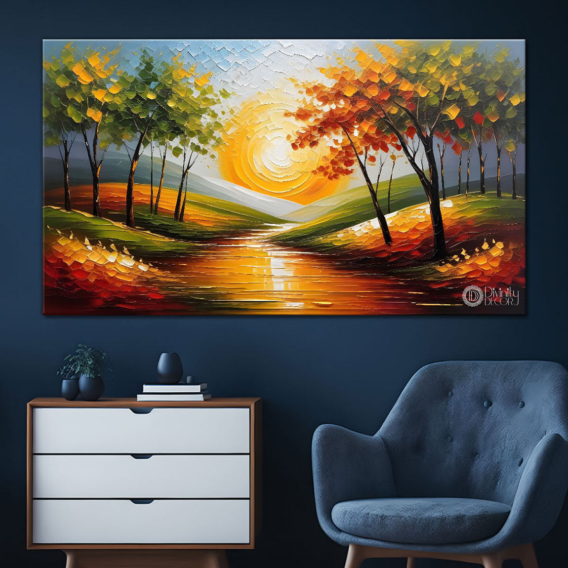 Colorful trees with lake painting Canvas Painting - Nature Art -591