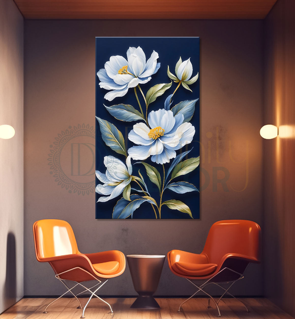 White flowers in blue textured painting- Flower-V-591