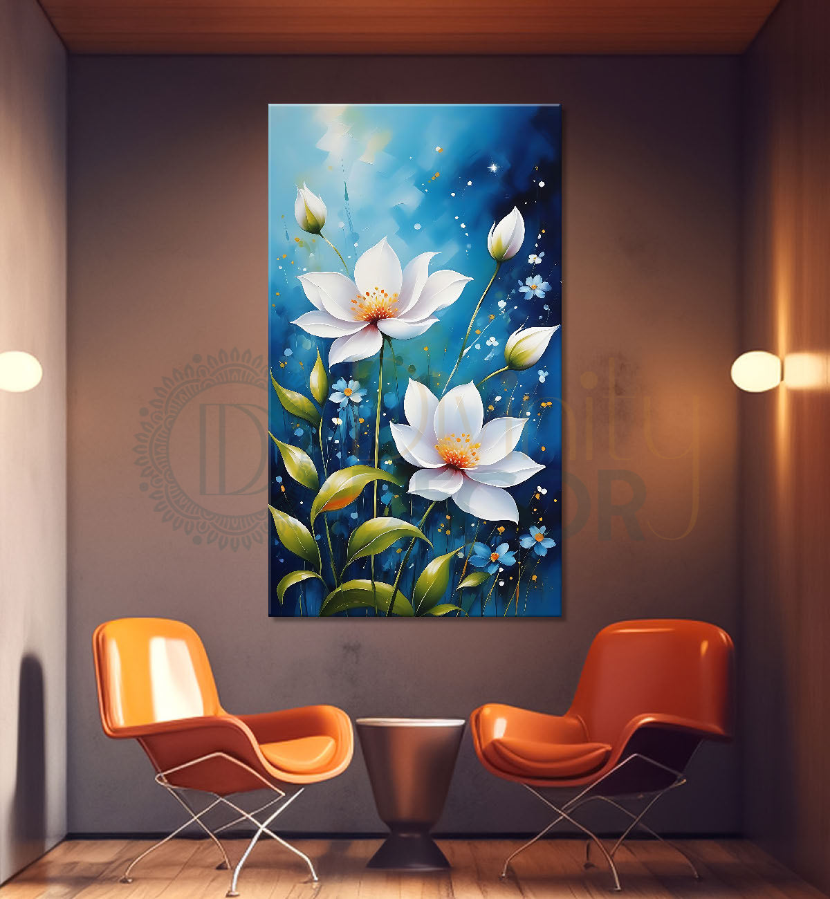 White flowers in blue textured painting- Flower-V-592