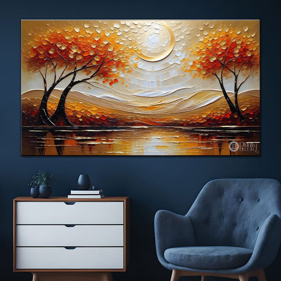 Orange trees with lake painting Canvas Painting - Nature Art -594