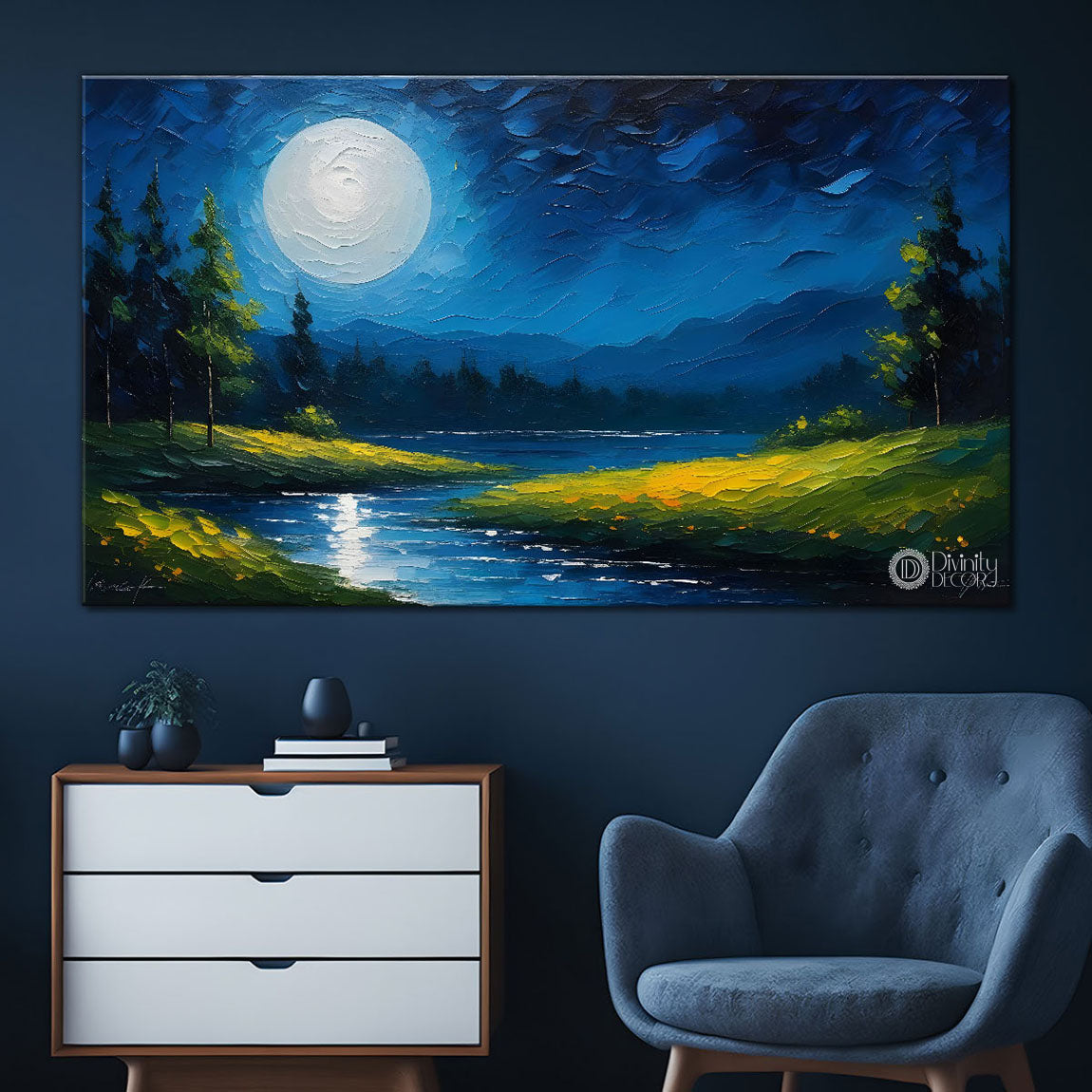 Moon in the night with lake and mountains painting Canvas Painting - Nature Art -595