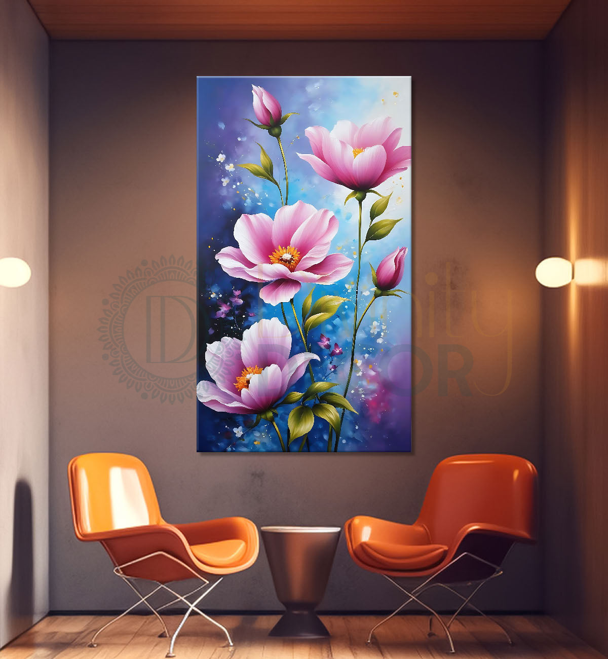 Pink flowers in blue textured painting- Flower-V-598