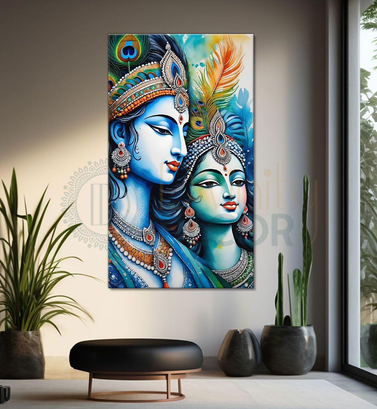 Blue face of krishna with radha in grey and light brown water colour textured art Canvas Painting - Design - Krishna-V-59