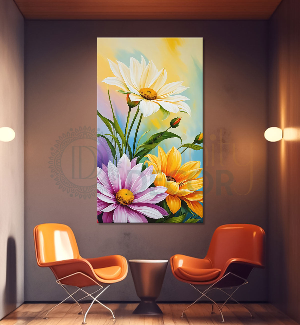 Pink and yellow flowers in colourful textured background - Flower-V-600