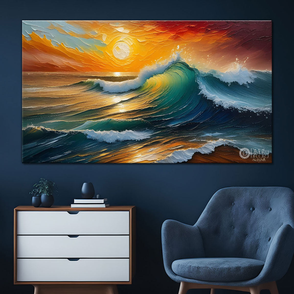 Waves with sunset textured Canvas Painting - Nature Art -601