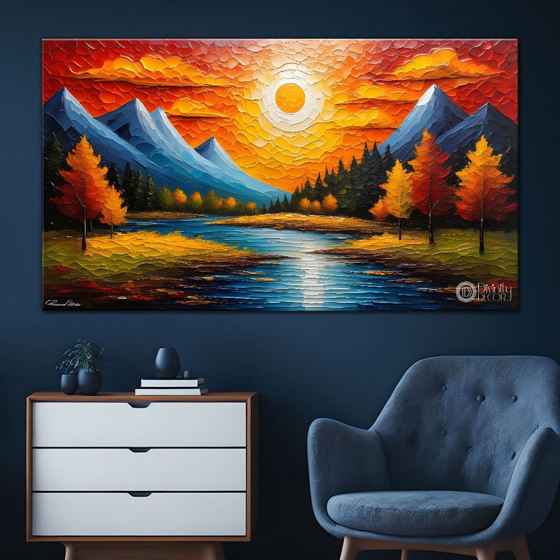 Mountains with trees and lake painting Canvas Painting - Nature Art -602