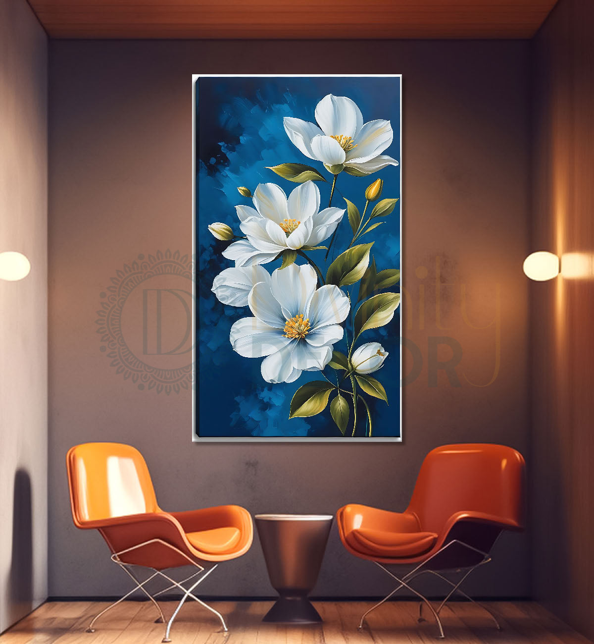 White flowers in blue textured painting - Flower-V-602