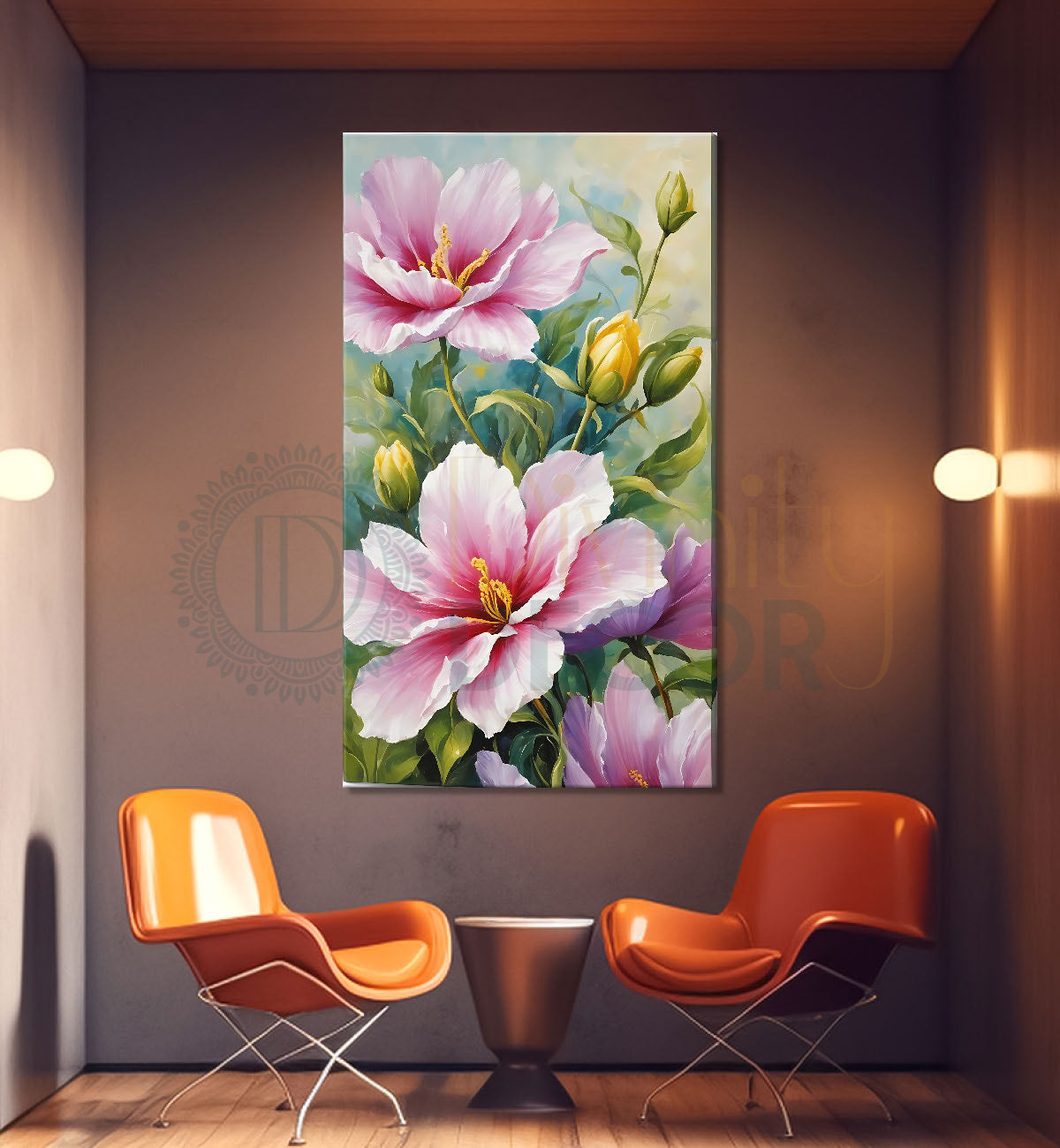 Pink flowers in light textured painting - Flower-V-603