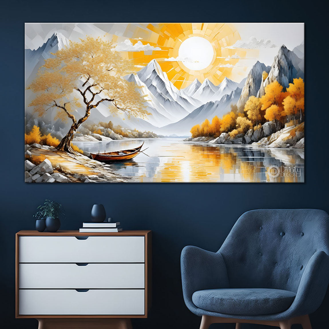 Mountains with yellow trees with lake painting Canvas Painting - Nature Art -604