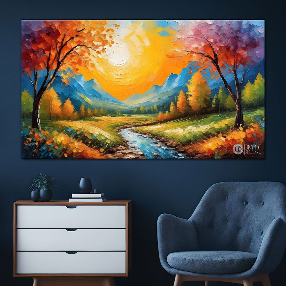 Mountains with pink trees and lake painting Canvas Painting - Nature Art -605