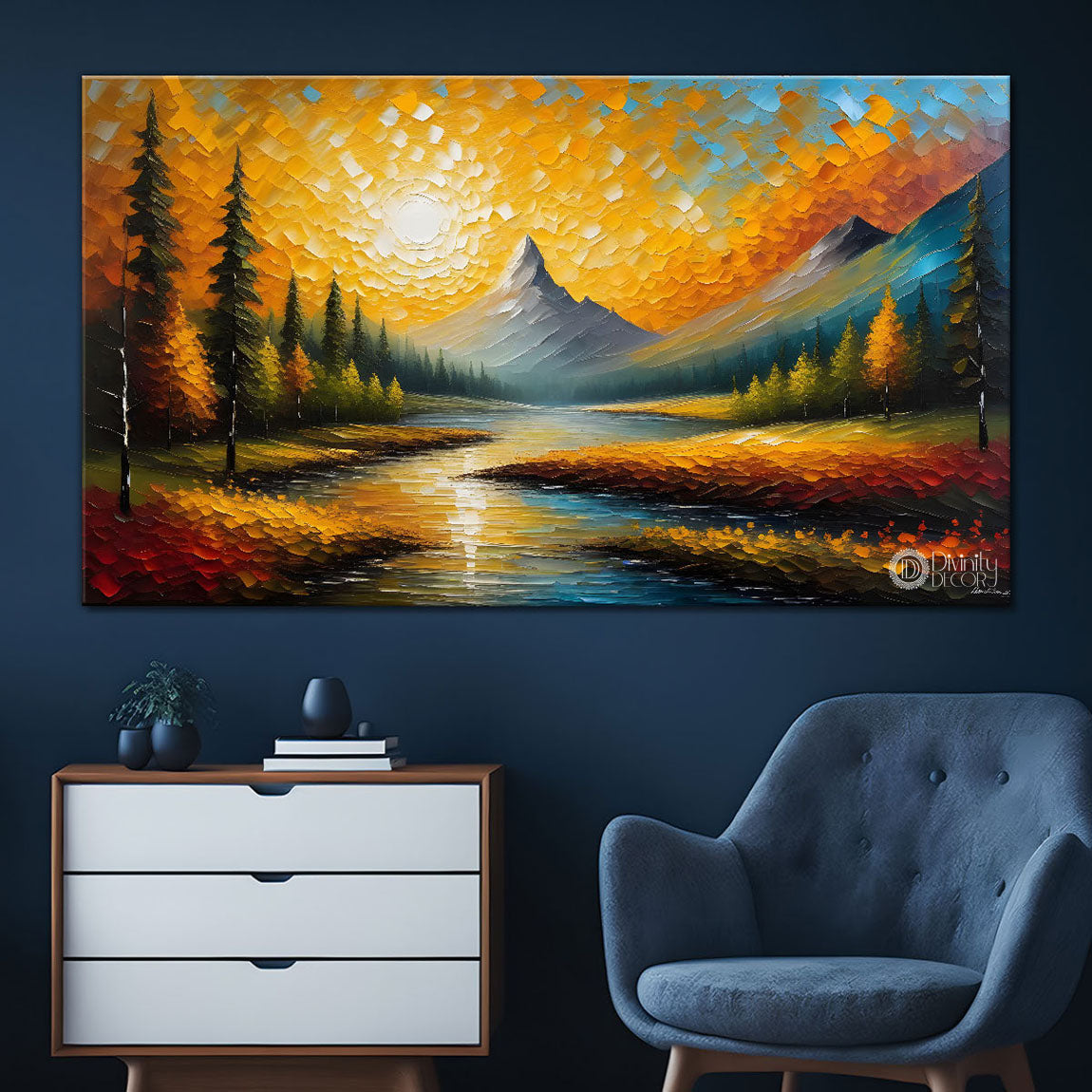 Mountains with trees and sunrise painting Canvas Painting - Nature Art -606