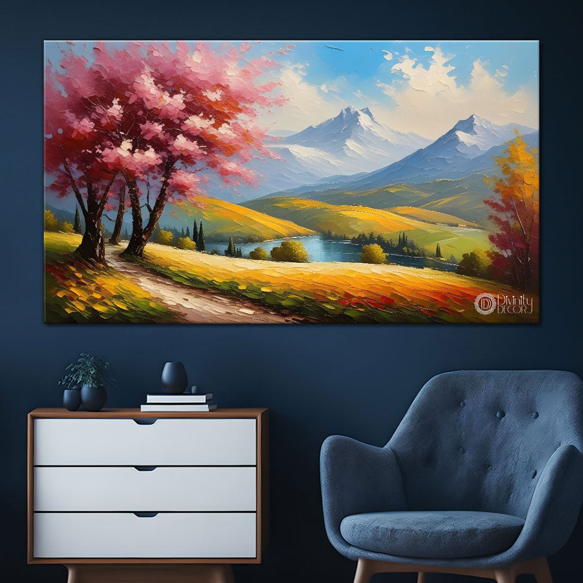 Mountains with pink trees painting Canvas Painting - Nature Art -609