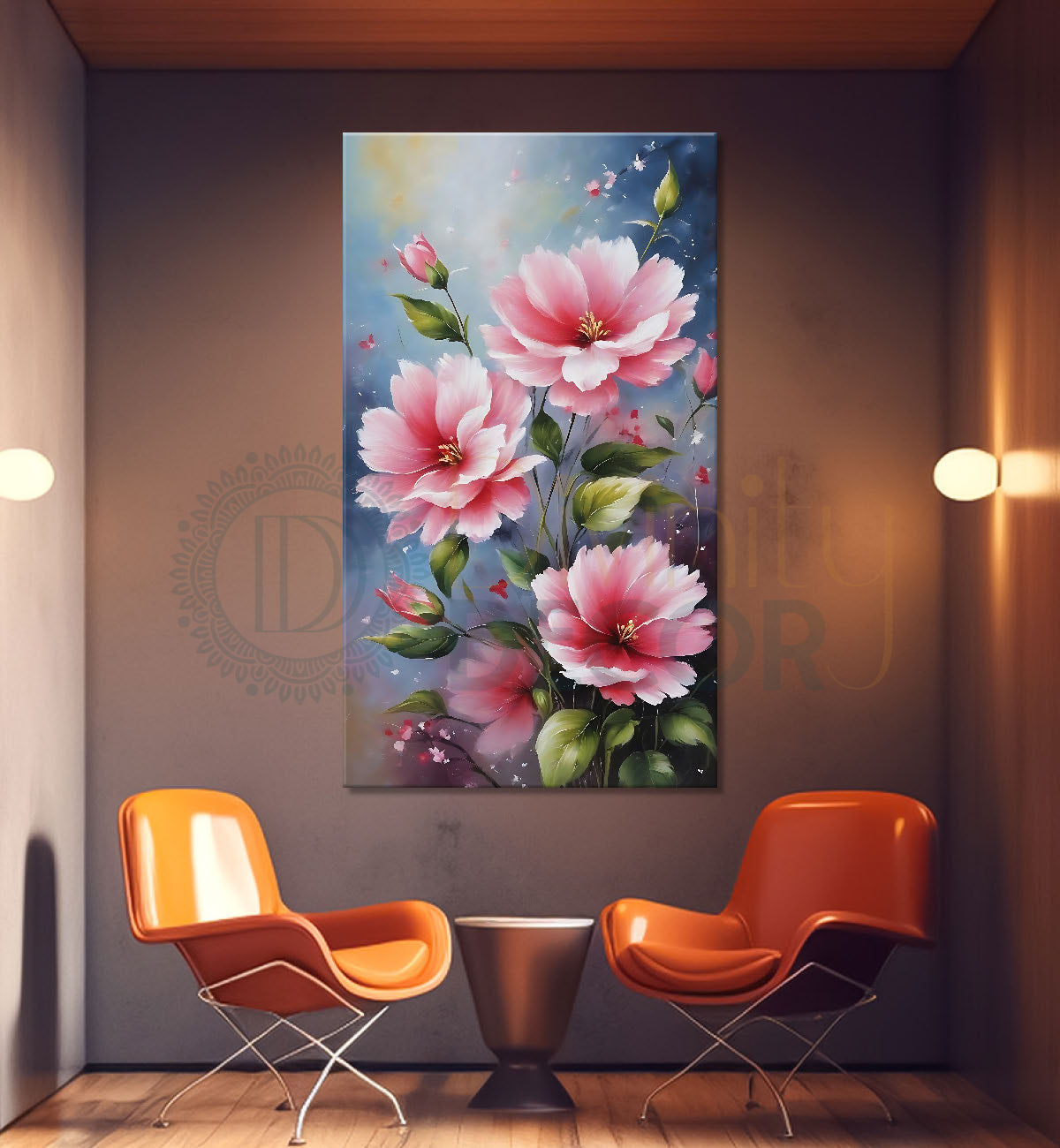 Pink flowers in grey textured painting- Flower-V-609