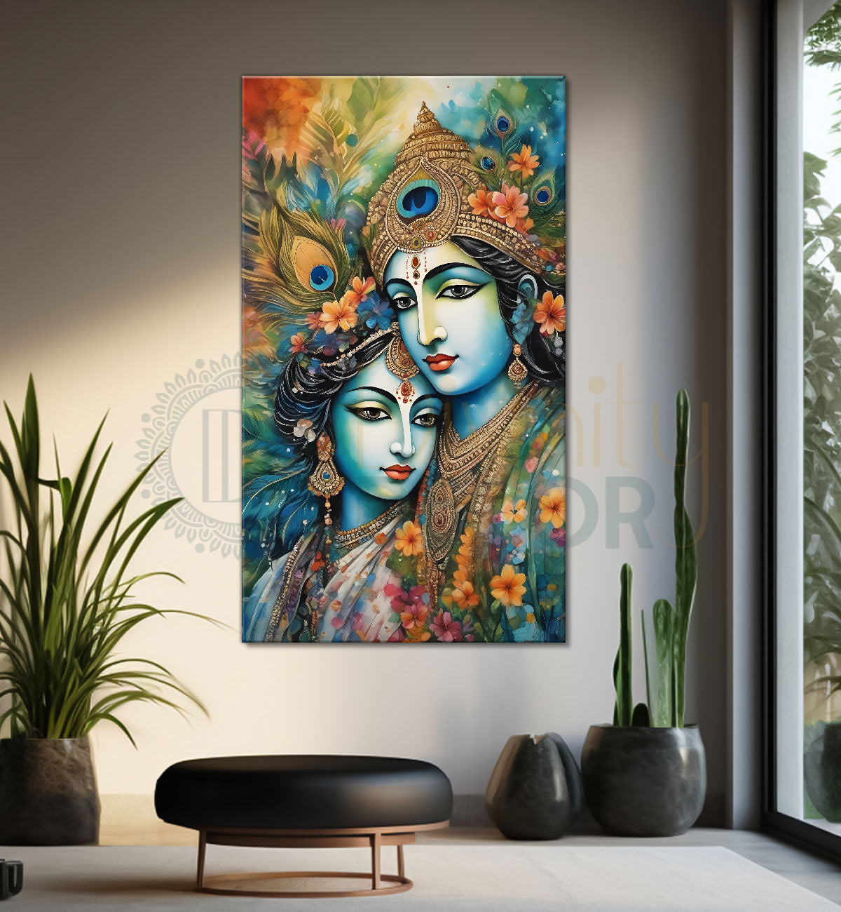 Blue face of krishna with radha in grey and light brown water colour textured art Canvas Painting - Design - Krishna-V-60