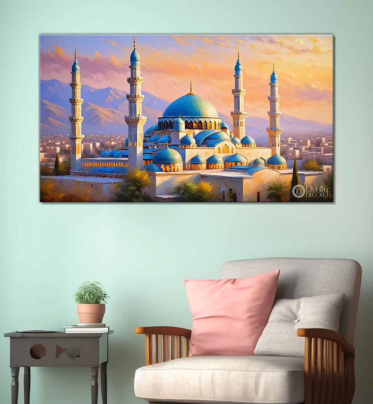 Beautiful Islamic mosque with sunset textured oil painting Canvas Painting - Islamic paintings - 61