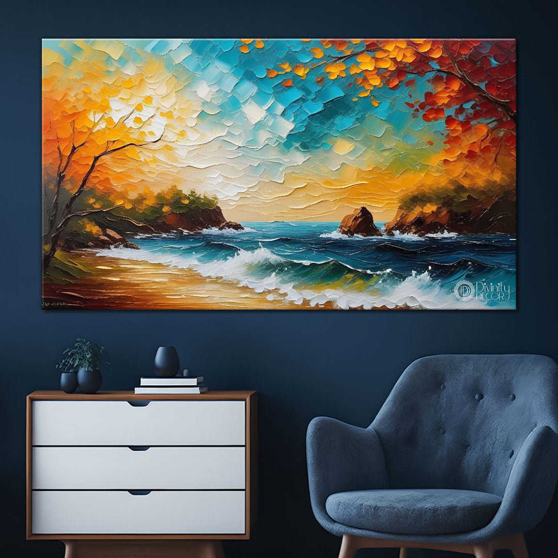 Orange trees with river painting art Canvas Painting - Nature Art -610