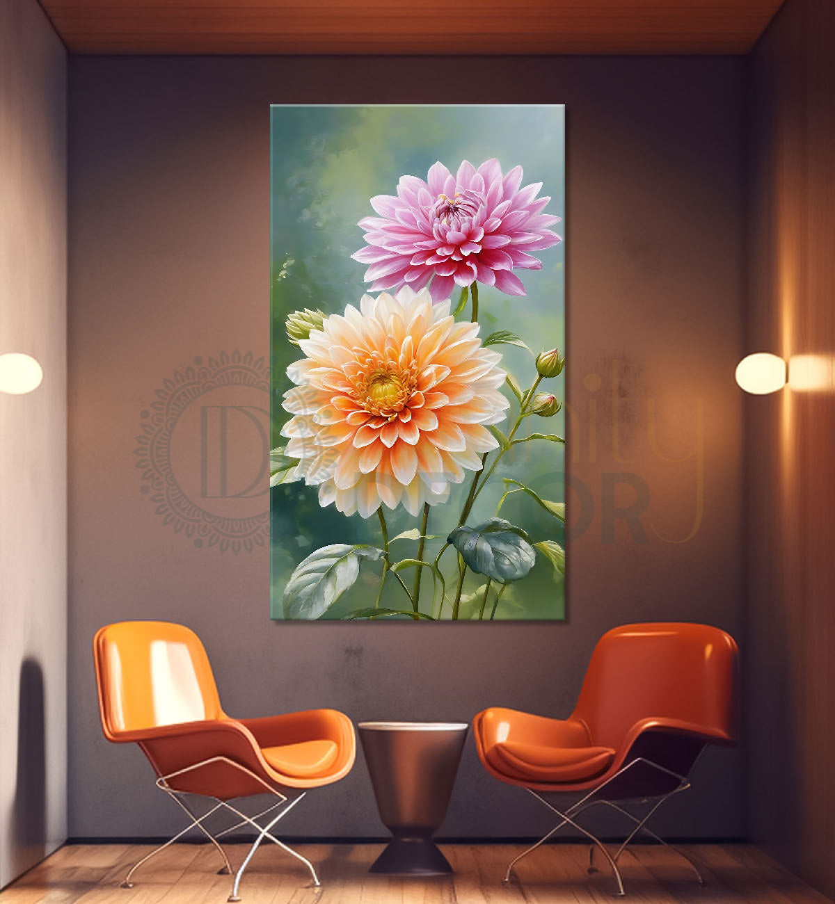 Pink and yellow flowers in green textured background - Flower-V-610