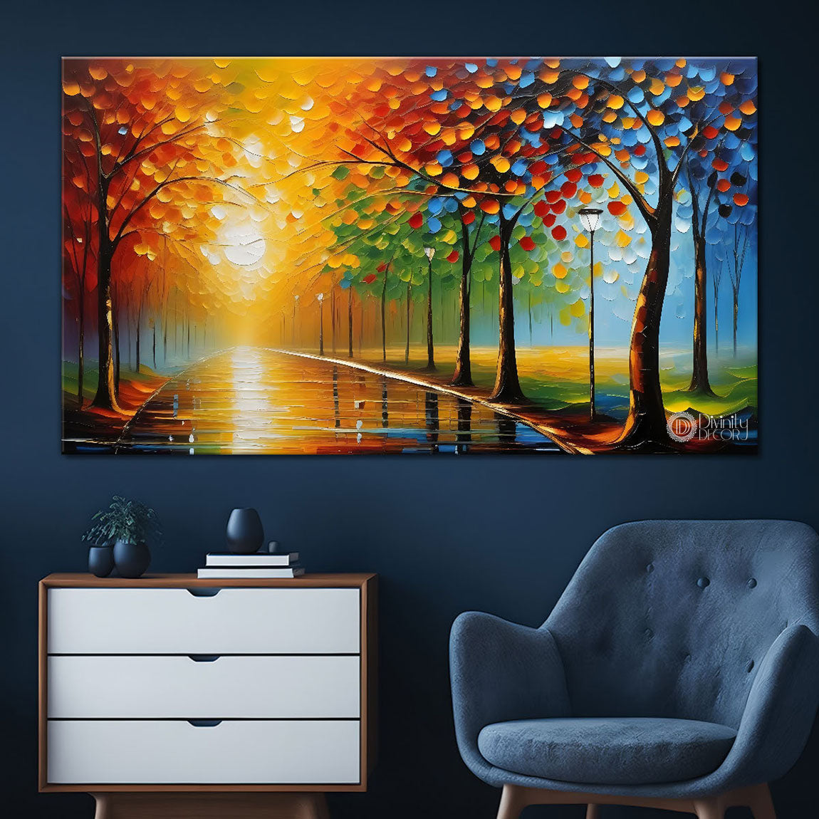 Colourful trees with sun painting Canvas Painting - Nature Art -611