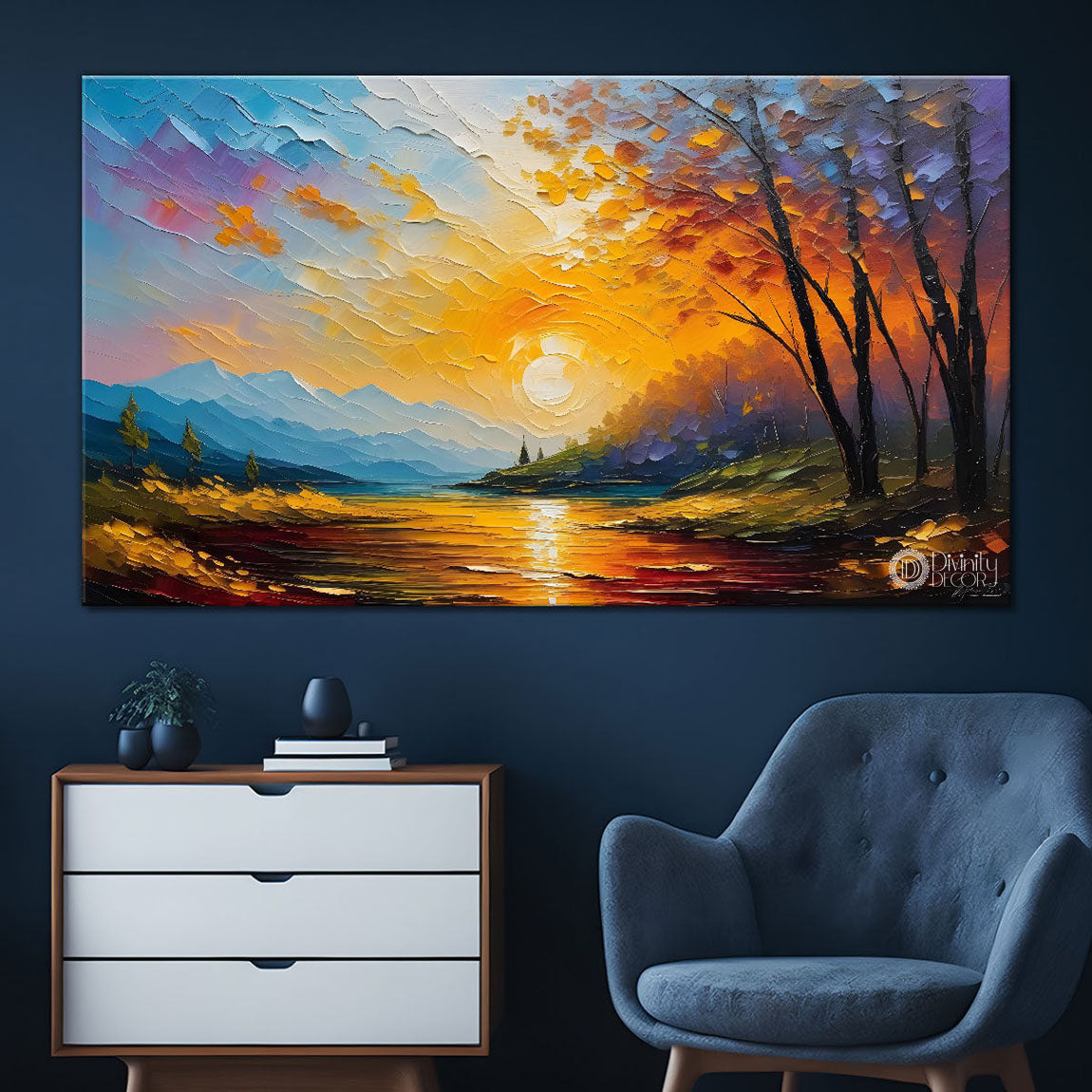 Sunset with trees painting Canvas Painting - Nature Art -612