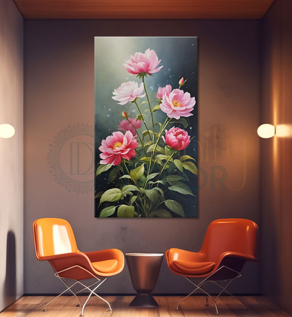 Pink flowers in grey textured painting- Flower-V-613