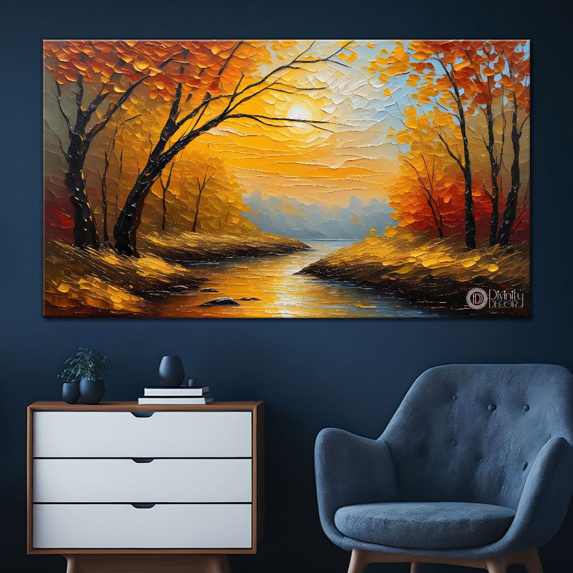 Orange trees with sun and lake painting Canvas Painting - Nature Art -616