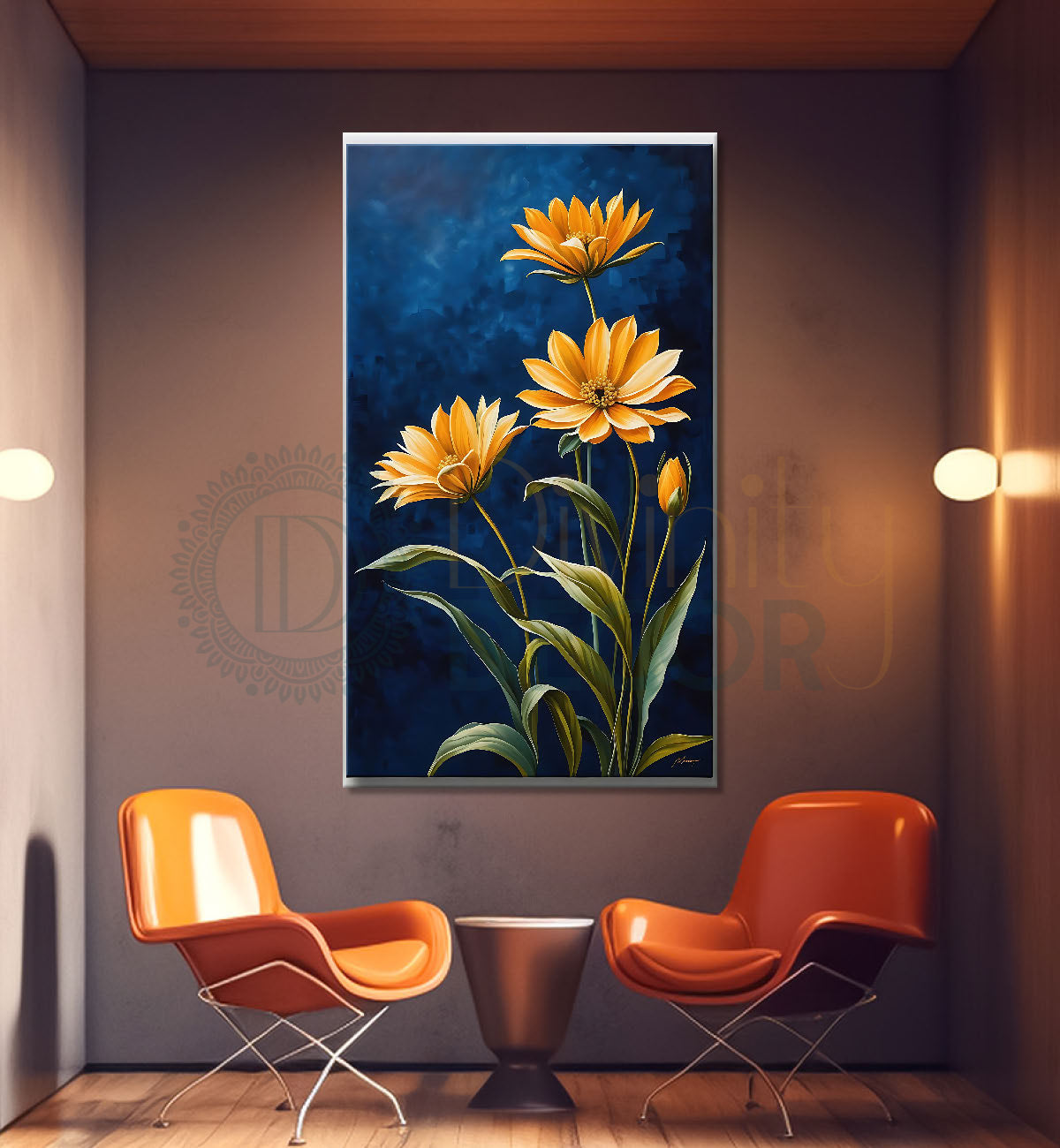 Yellow flowers in navy blue textured painting - Flower-V-616