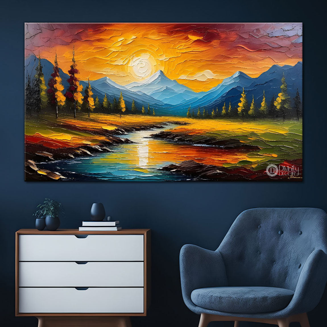 Mountains with sunrise and lake painting Canvas Painting - Nature Art -617
