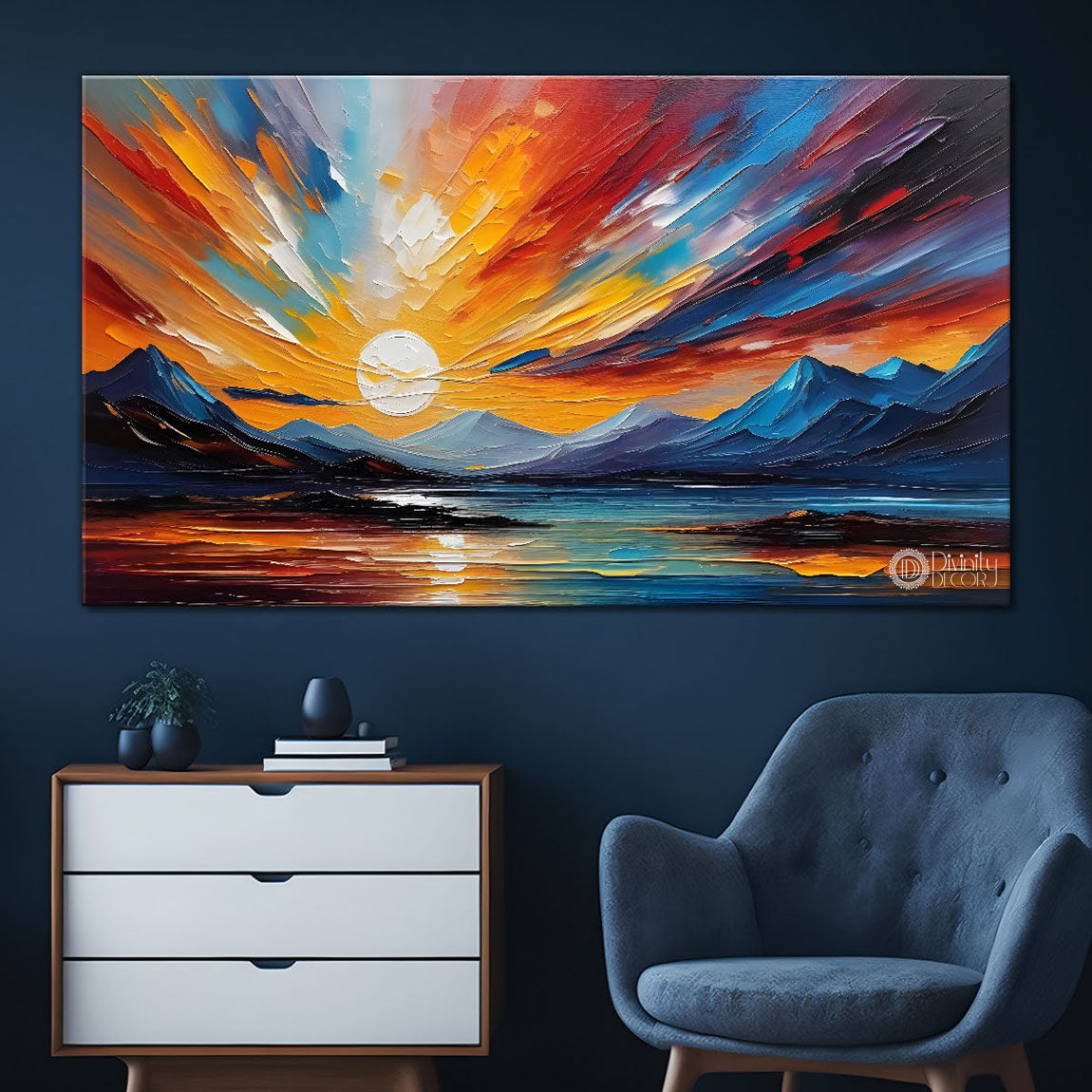 Sunrise and mountains with river painting Canvas Painting - Nature Art -618