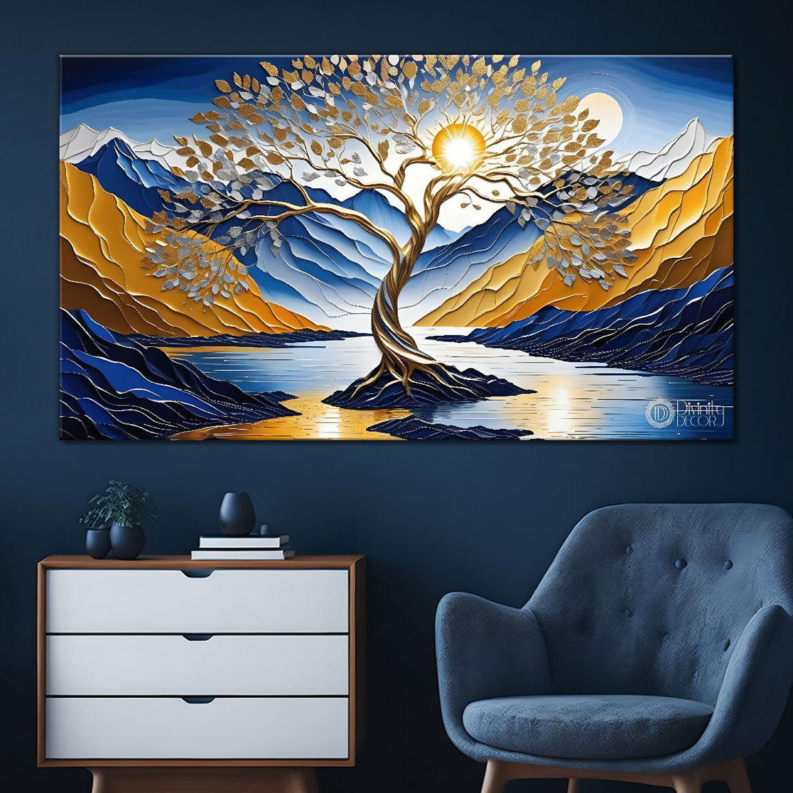 Golden tree in blue textured painting Canvas Painting - Nature Art -619