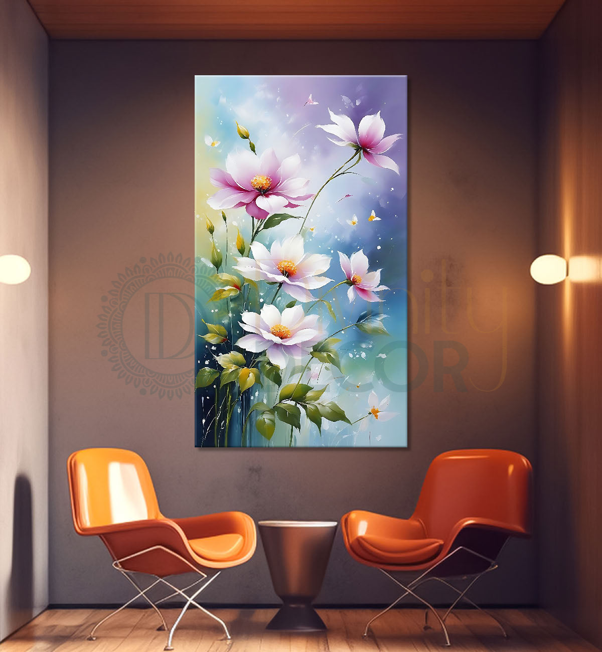 Pink flowers in blue textured background painting - Flower-V-619