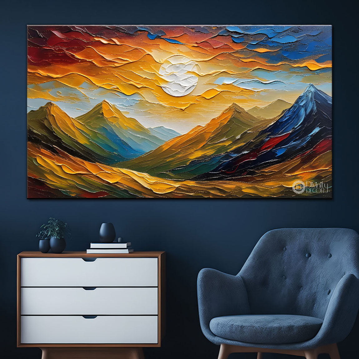 Mountains with sun textured painting Canvas Painting - Nature Art -620