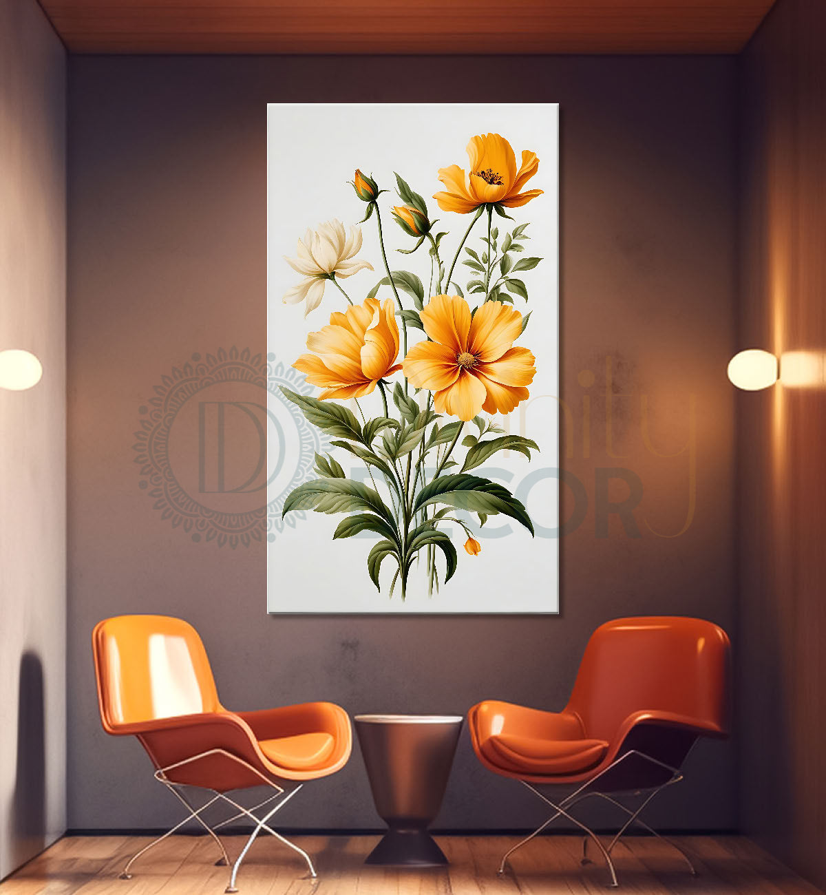Yellow flowers in grey textured background painting- Flower-V-620