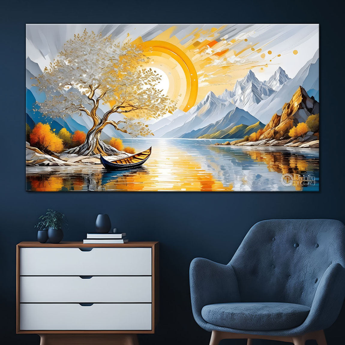 Tree with mountains with sunset painting Canvas Painting - Nature Art -621