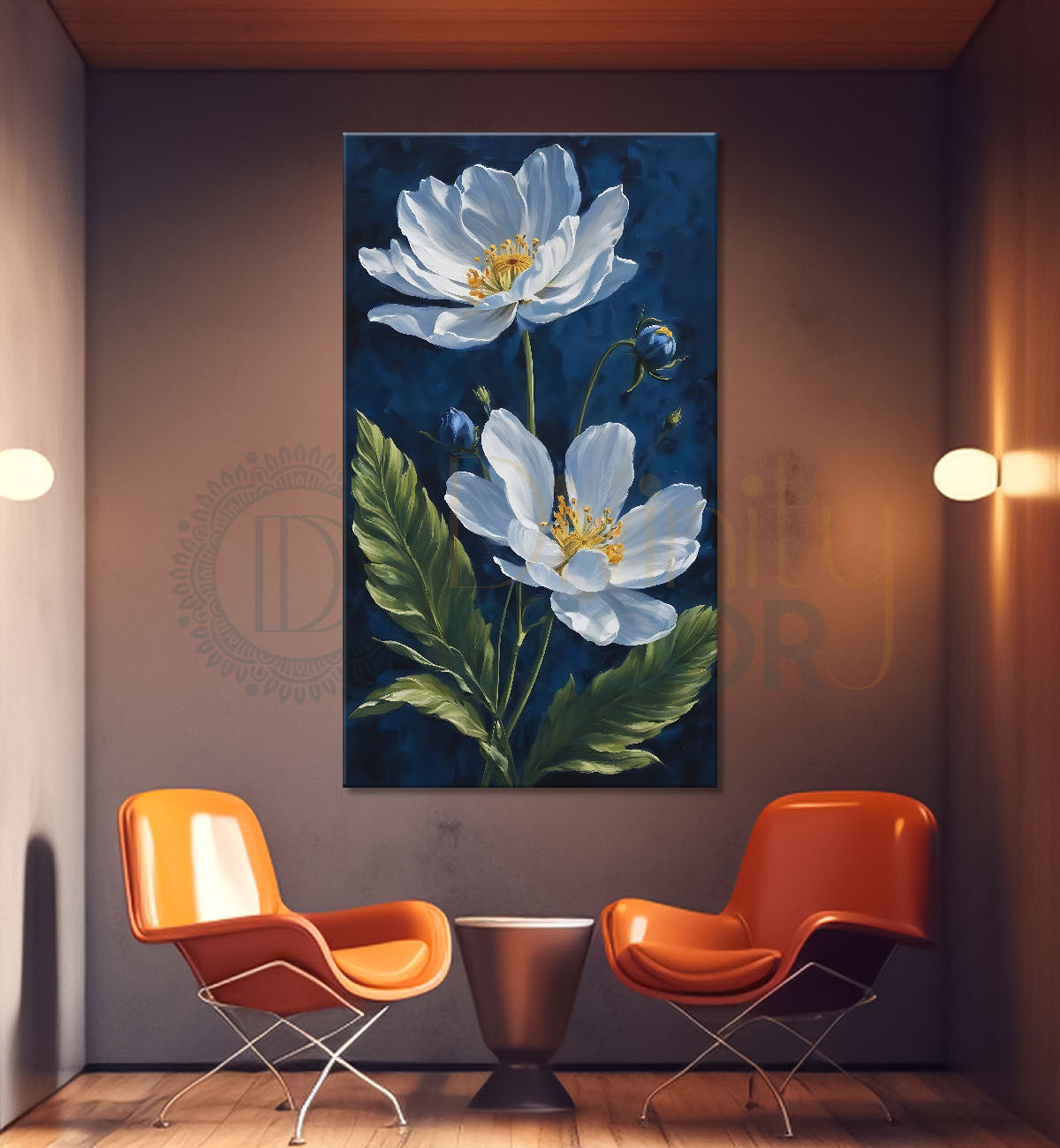 White flowers in blue textured painting - Flower-V-621