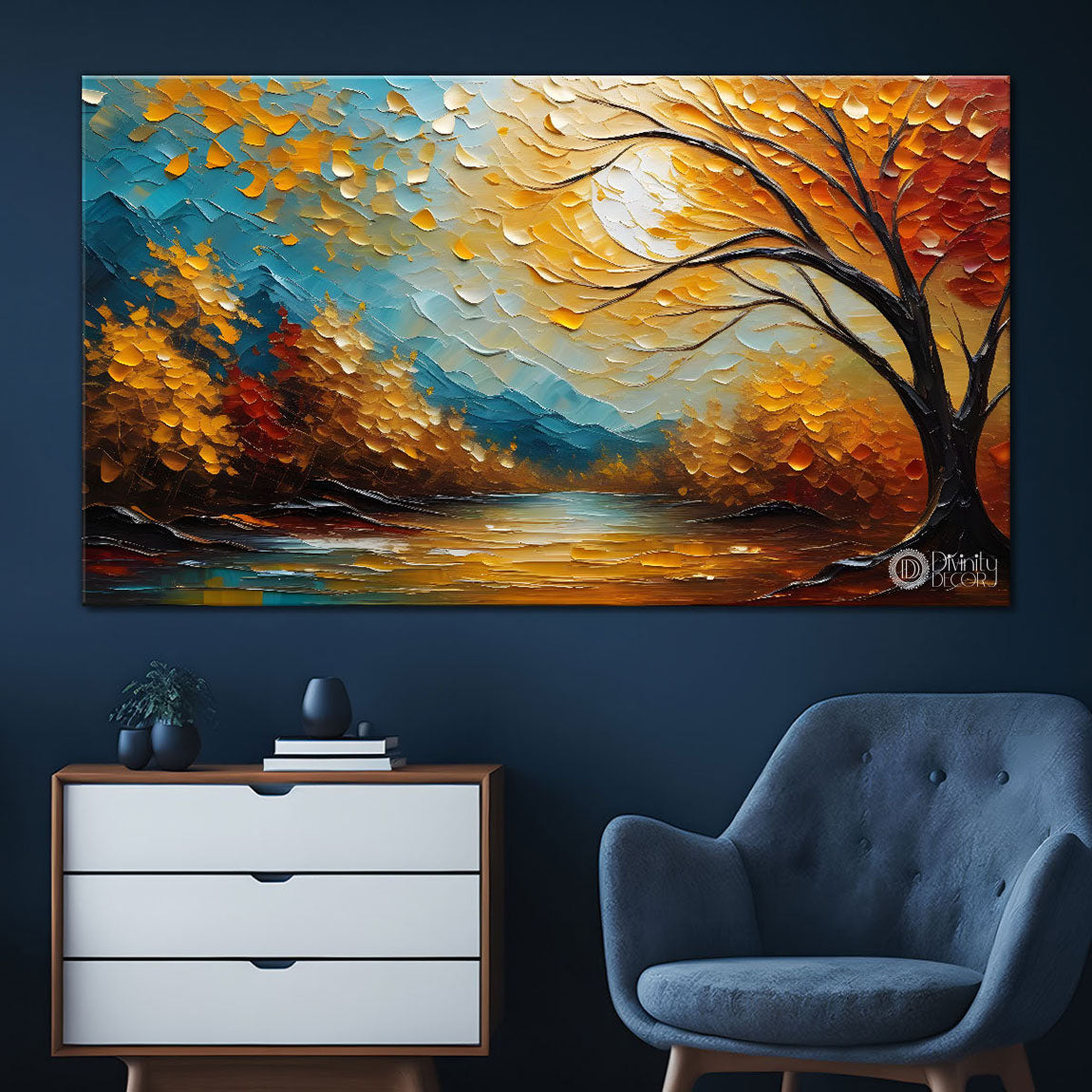 Orange trees with sun and lake painting Canvas Painting - Nature Art -622