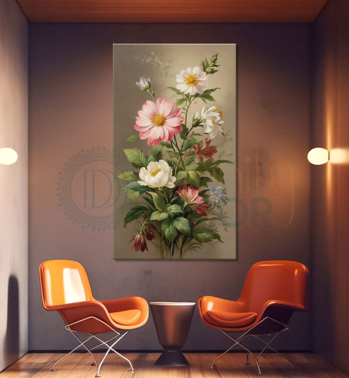 White and pink flowers in light textured painting - Flower-V-622
