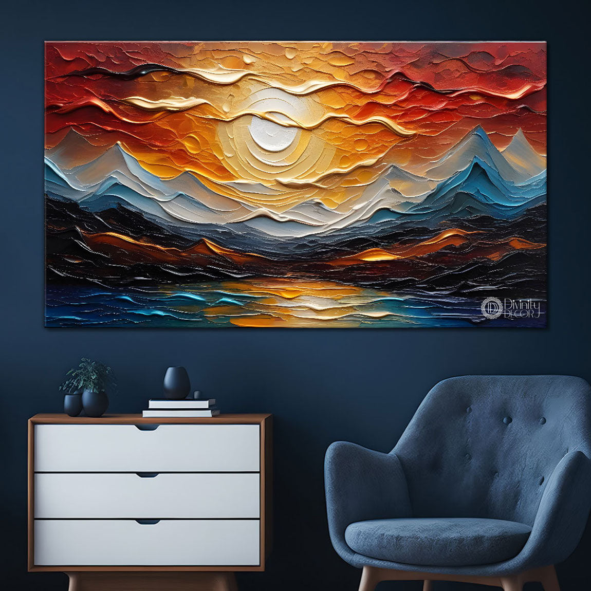Mountains with sun in orange sky painting Canvas Painting - Nature Art -623