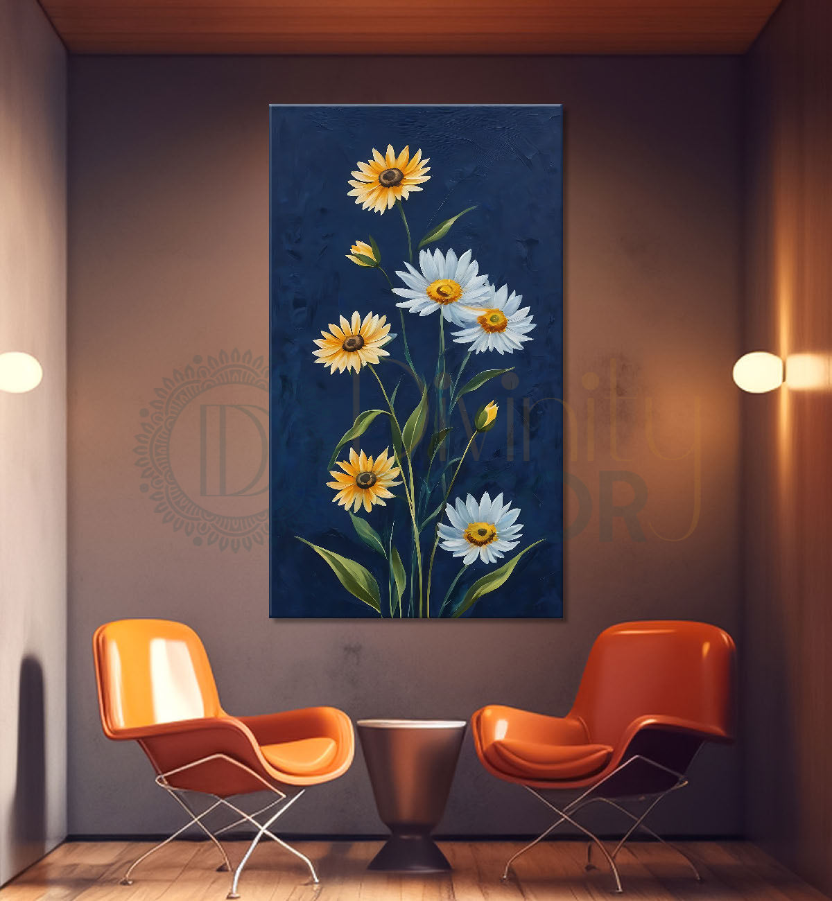 White and yellow flowers in blue textured painting - Flower-V-623