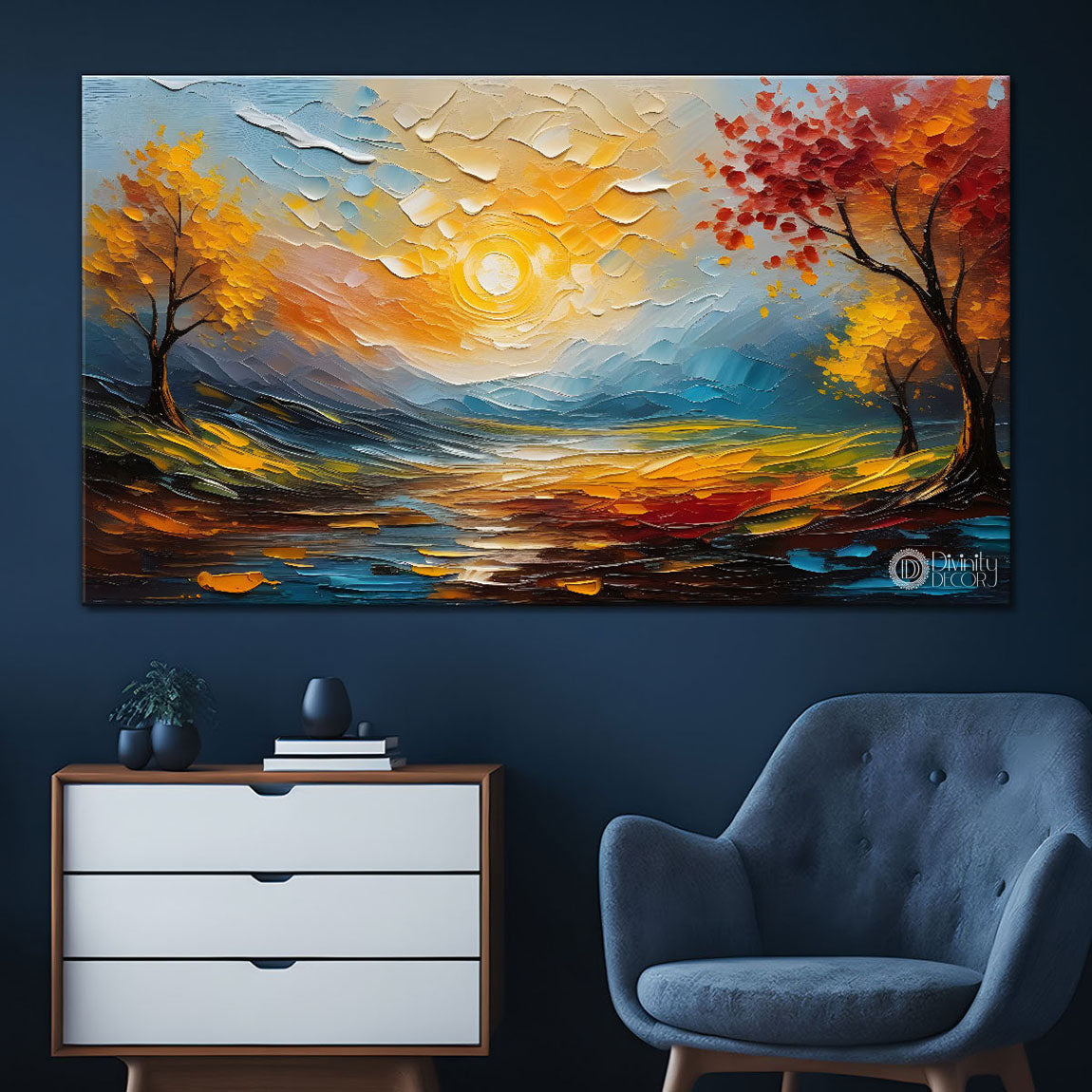 Orange trees with lake painting Canvas Painting - Nature Art -624