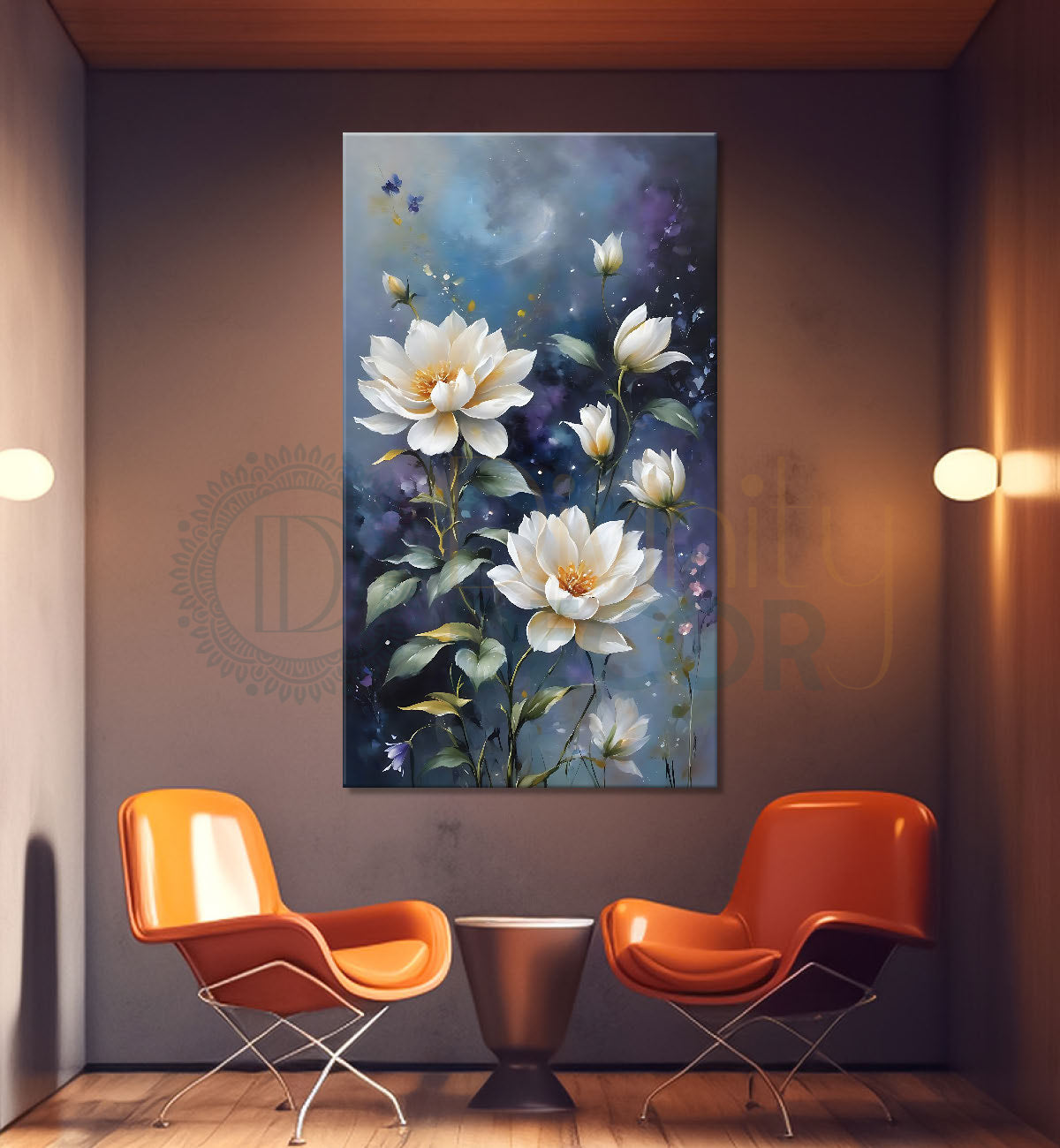 White flowers in blue textured painting - Flower-V-624