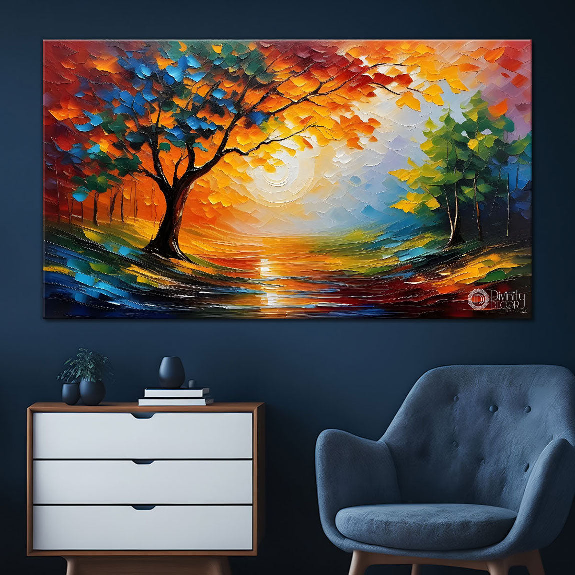Colorful trees with lake painting Canvas Painting - Nature Art -625