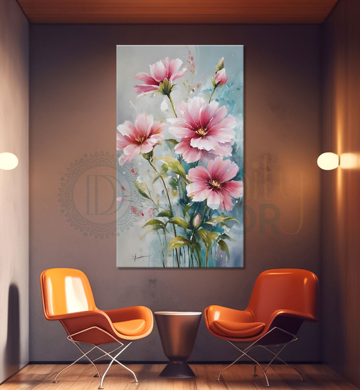 Pink flowers in blue textured background painting- Flower-V-625