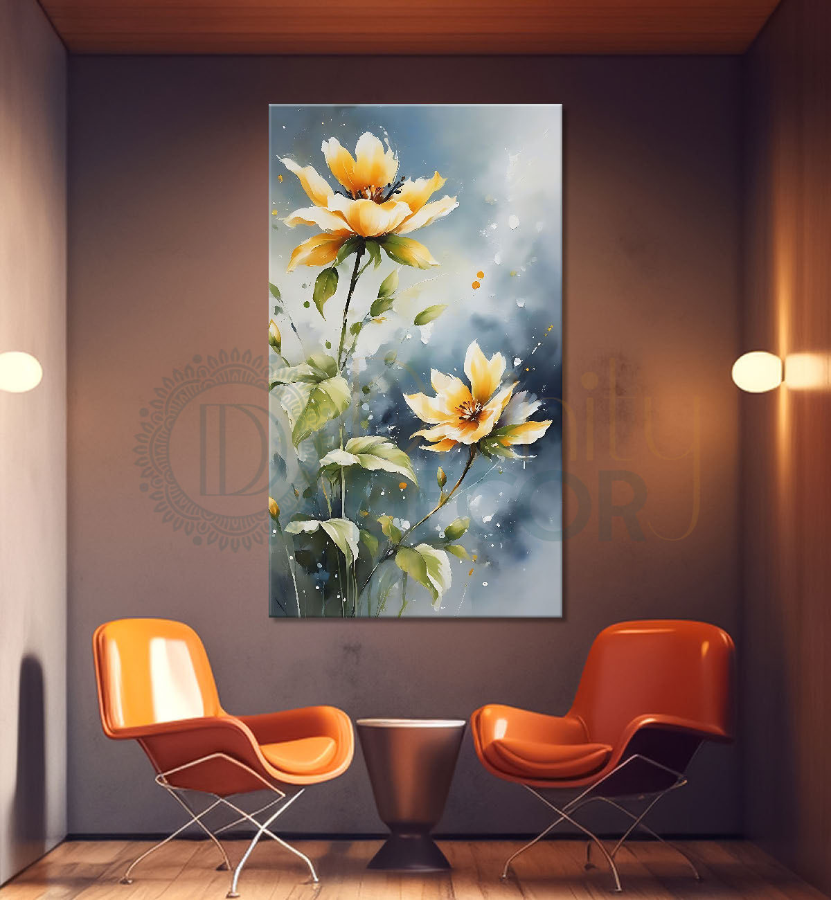 Yellow flowers in blue textured background painting- Flower-V-626