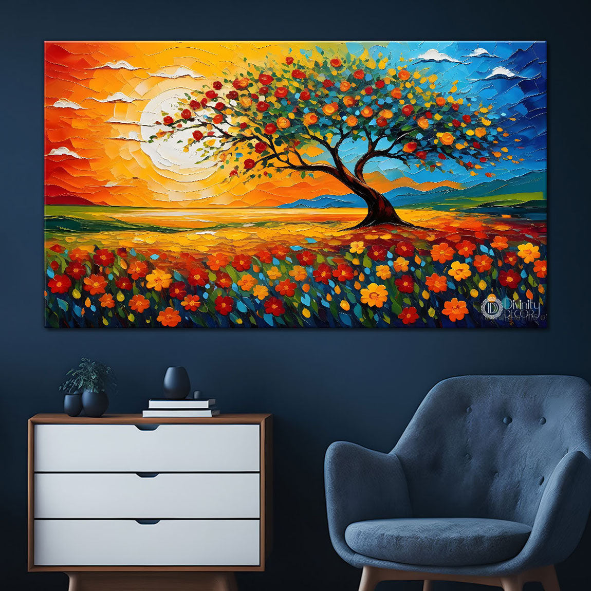 Tree with colorful flowers painting Canvas Painting - Nature Art -628