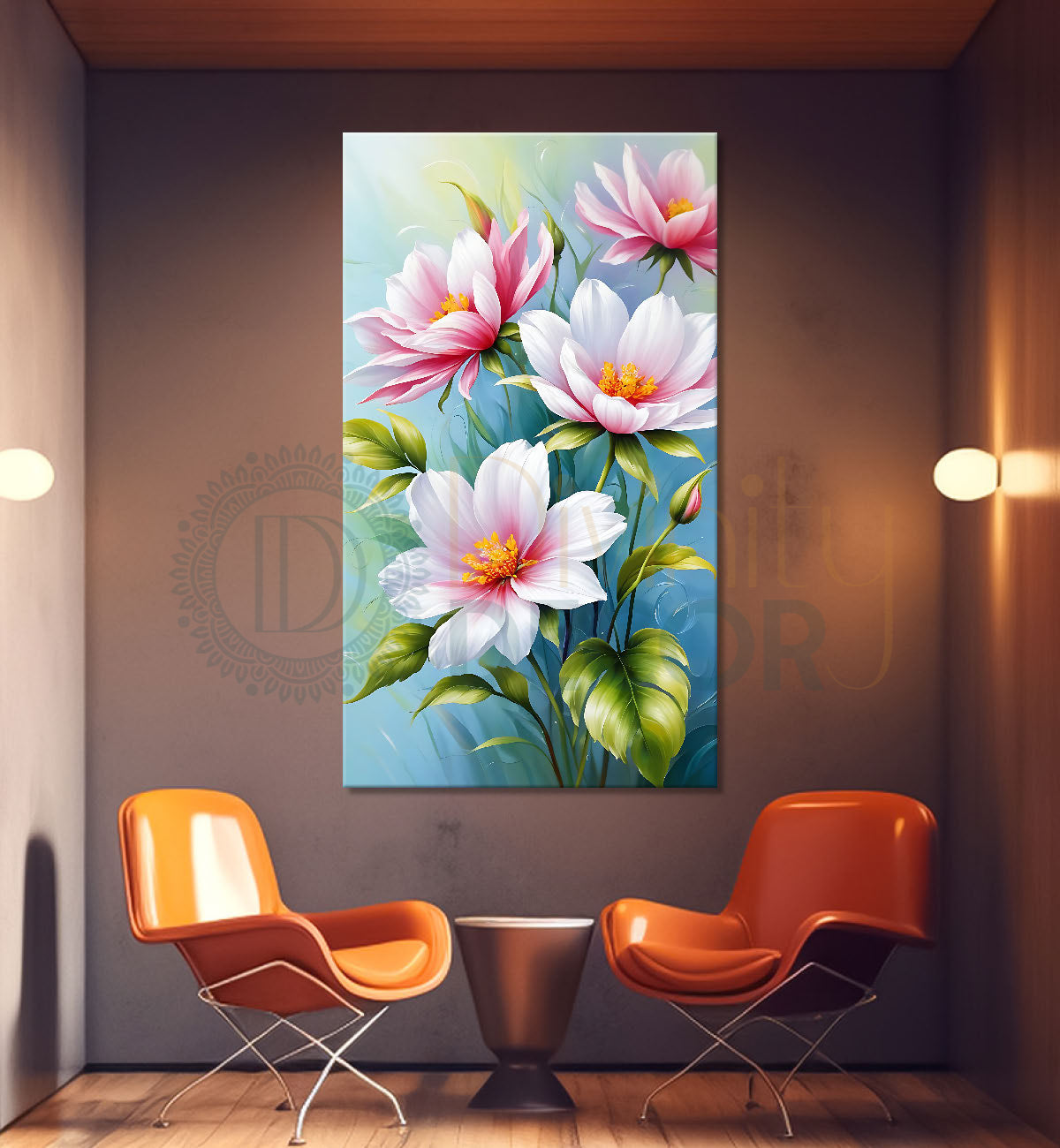 Pink flowers in blue textured background painting- Flower-V-628