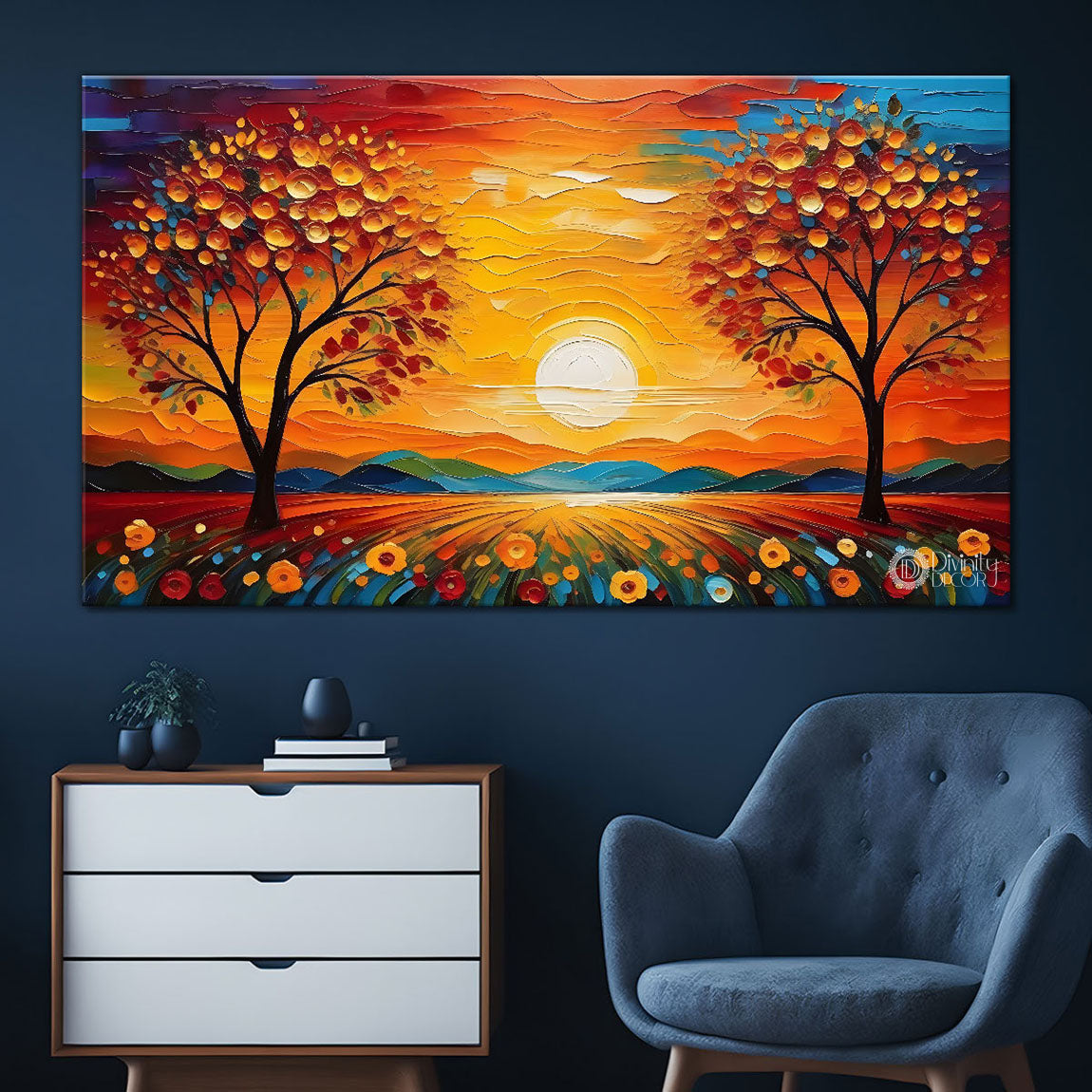 Orange trees with sunset painting Canvas Painting - Nature Art -629
